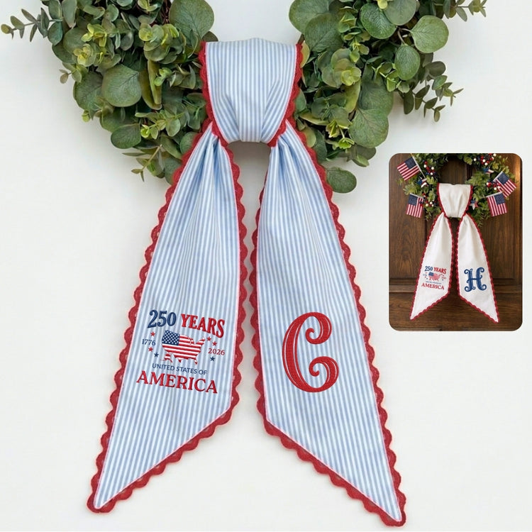 America 250th Anniversary, Patriotic Wreath Sash 54x5 Inch, Wreath Sash for Front Door, Personalized Embroidered Monogram Sash, Independence Day Front Door Decor, US Flag with Bow Wreath Sashes