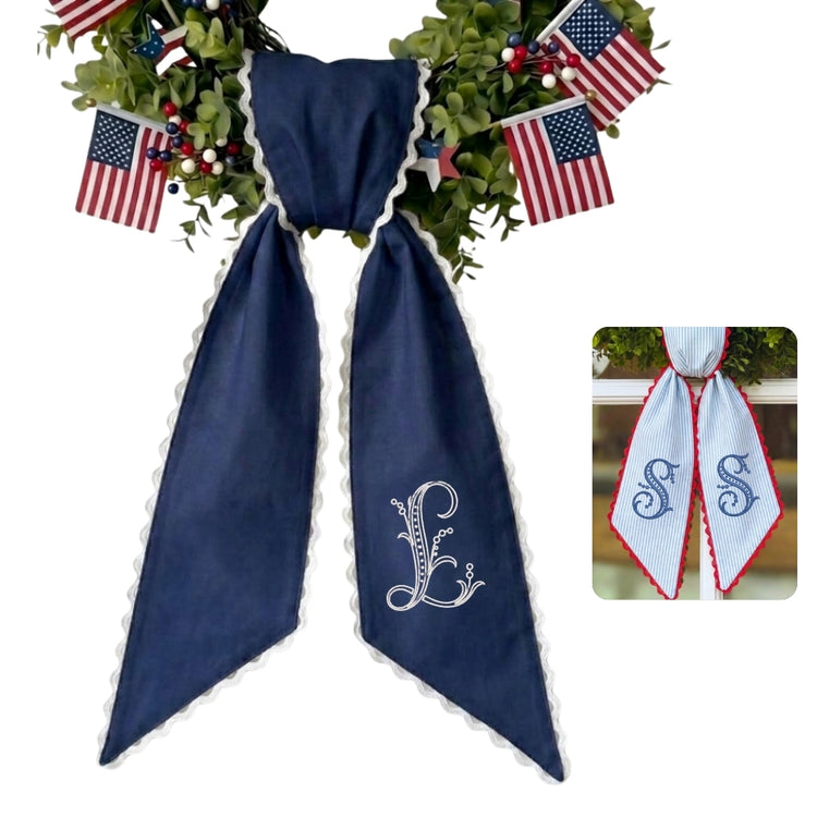 Initial Embroidered Wreath Sash for Front Door, Monogrammed Wreath Sash 54x5 Inch, Personalized Initial Monogram Sash Front Door Decor, Bow Ribbon Wreath Sashes for Family Friends