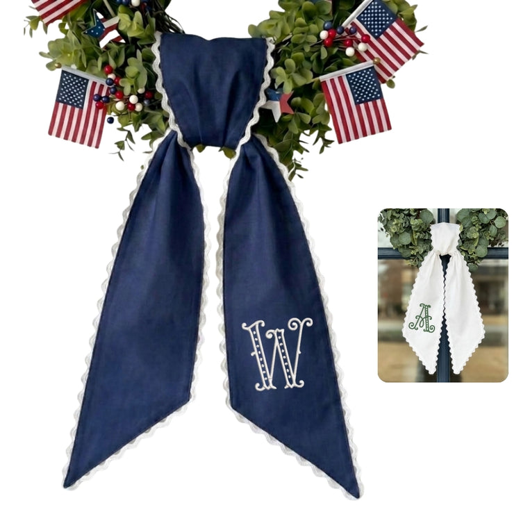 Embroidered Monogram Wreath Sash for Front Door, Monogrammed Wreath Sash 54x5 Inch, Personalized Initial Sash Front Door Decor, Bow Ribbon Wreath Sashes for Family Friends