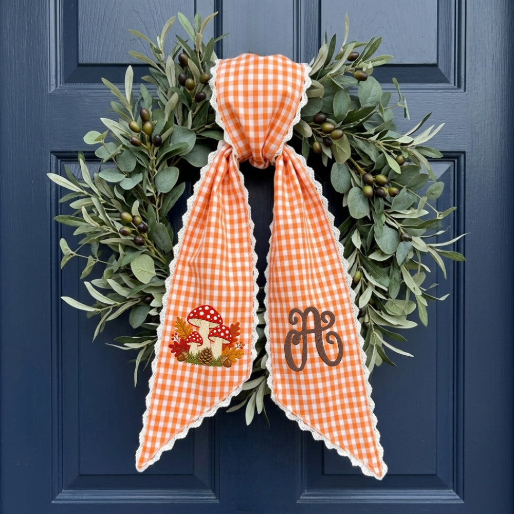 Embroidered Fall Wreath Sash Bow with Initials, Personalized Monogram Wreath Sashes 54x5 in, Mushroom Wreath Ribbon for Front Door, Garland Accessories, Autumn Farmhouse Door Wreath Decor