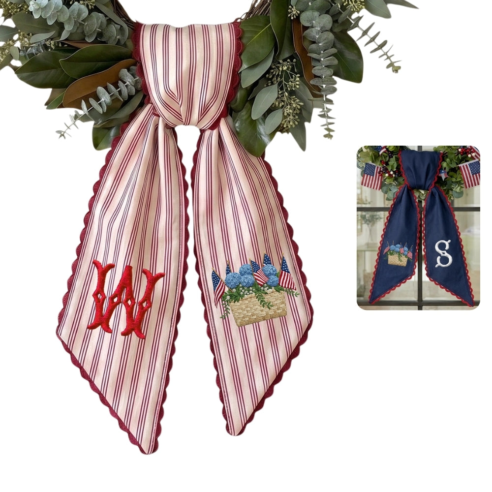 US Flag With Hydrangea Patriotic Wreath Sash 54x5 Inch, Wreath Sash for Front Door, Personalized Embroidered Monogram Sash, Independence Day Front Door Decor, America Flag with Bow Wreath Sashes