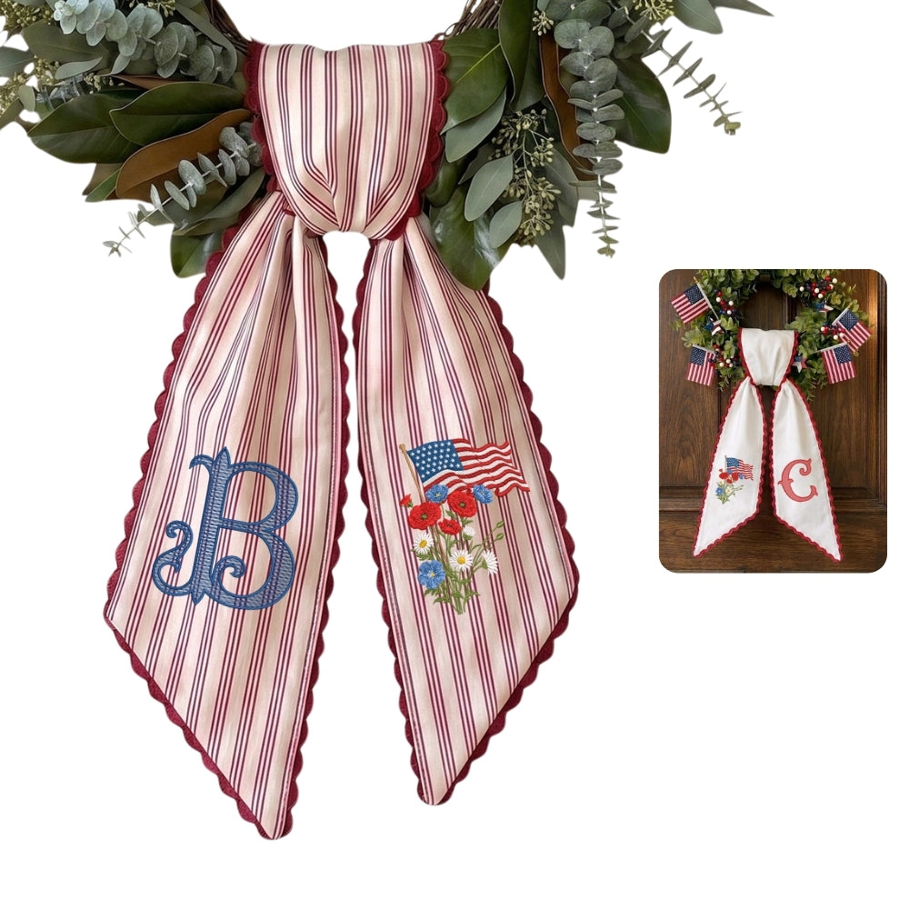 US Flag With Flowers Wreath Sash for Front Door, Patriotic Wreath Sash 54x5 Inch, Personalized Embroidered Monogram Sash, Independence Day Front Door Decor, America Flag with Bow Wreath Sashes