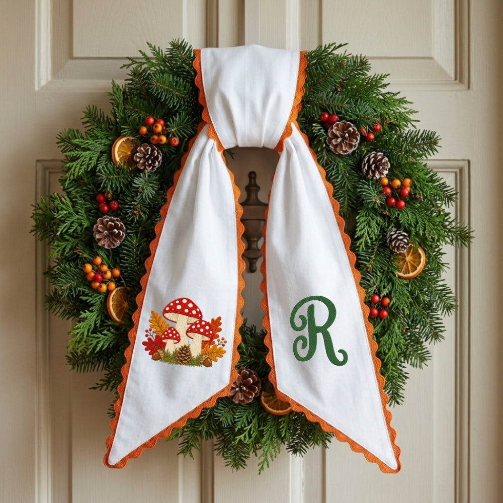 Embroidered Fall Wreath Sash Bow with Initials, Personalized Monogram Wreath Sashes 54x5 in, Mushroom Wreath Ribbon for Front Door, Garland Accessories, Autumn Farmhouse Door Wreath Decor