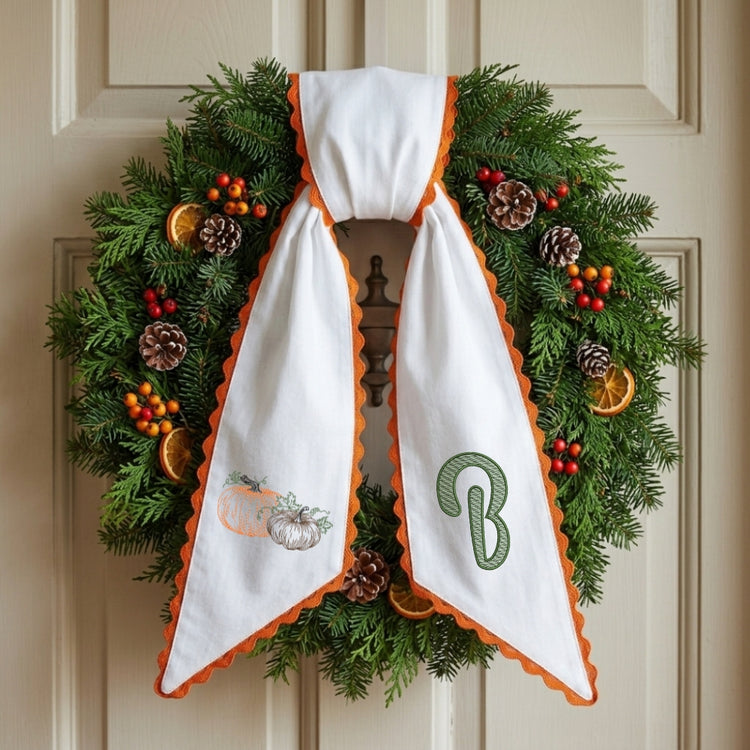 Fall Wreath Sash Bow Embroidered Initials, Personalized Monogram Wreath Sashes 54x5 in, Pumpkins Wreath Ribbon for Front Door, Garland Accessories, Autumn Farmhouse Door Wreath Decor