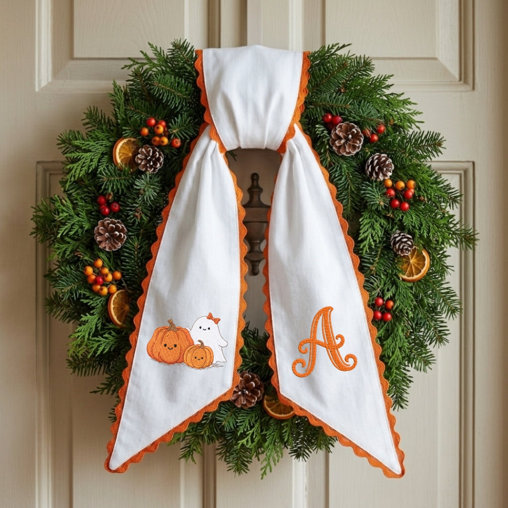 Fall Wreath Sash Bow Embroidered Initials, Personalized Monogram Wreath Sashes 54x5 in, Pumpkins Wreath Ribbon for Front Door, Garland Accessories, Autumn Farmhouse Door Wreath Decor