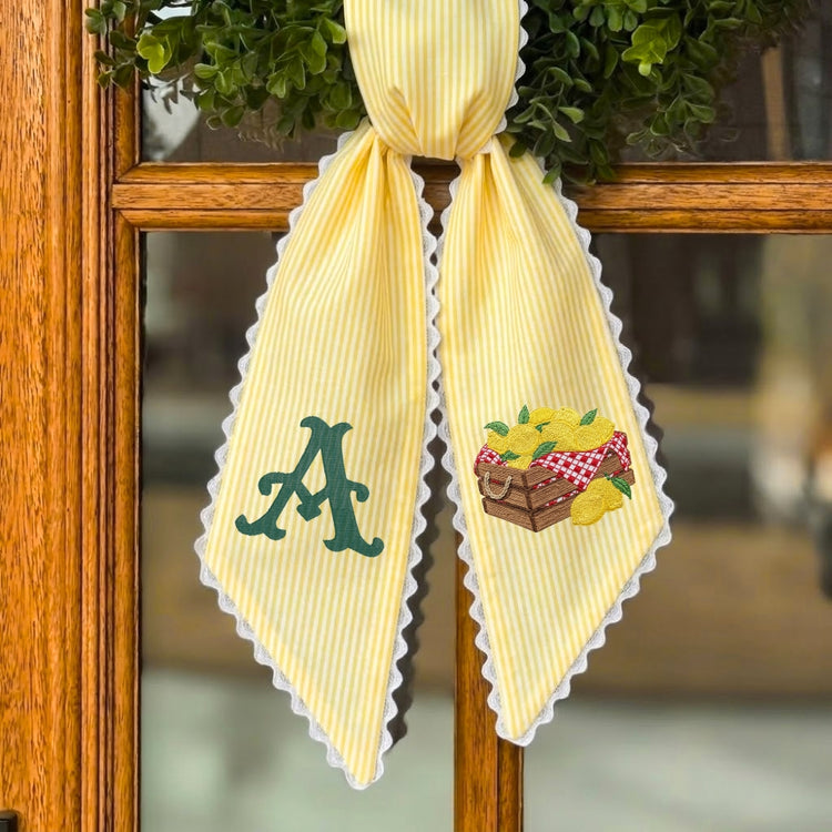 Lemon Monogram Wreath Sash Bow for Front Door, Personalized Initial Name, Monogramed Embroidered Ribbon with Adjustable Bow Knot Farmhouse Door Wreath Decor, Gift for Family Friends
