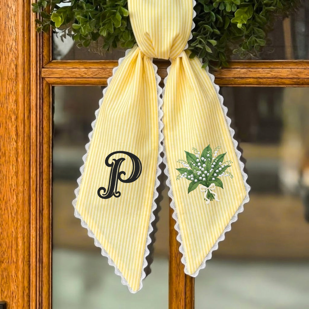 Lily Of The Valley Wreath Sash for Front Door, Embroidered Flowers Wreath Sash 54x5 Inch, Personalized Initial Monogram Sash Front Door Decor, Lily Of The Valley Bouquet Wreath Sashes