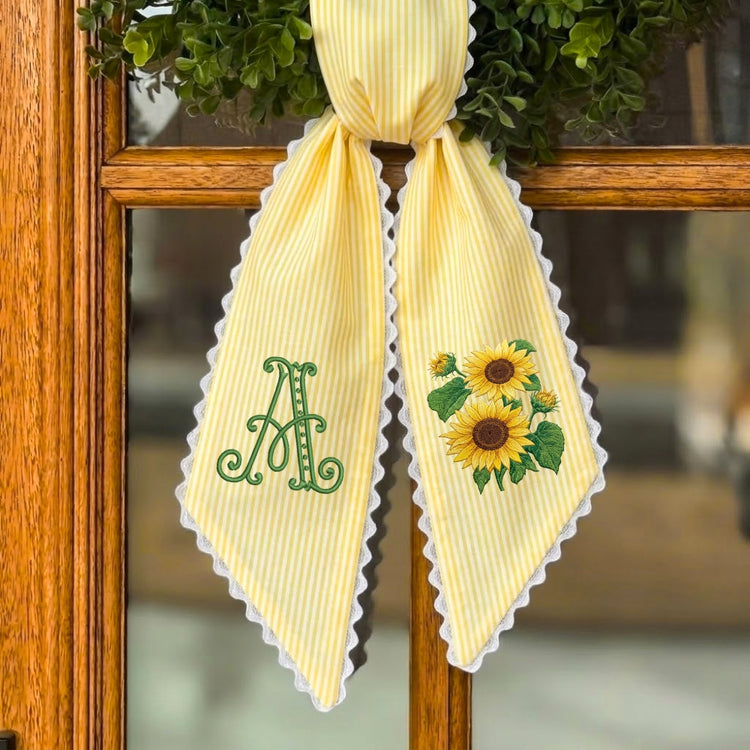 Sunflower Wreath Sash for Front Door, Embroidered Flowers Wreath Sash 54x5 Inch, Personalized Initial Monogram Sash Front Door Decor, Bow Ribbon Wreath Sashes