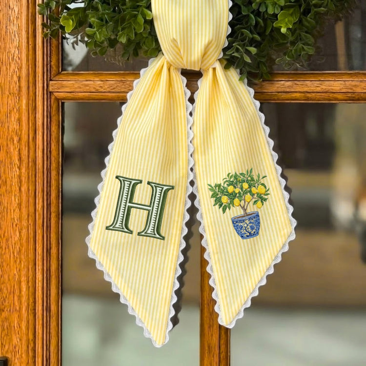 Summer Wreath Sash for Front Door with Lemon, Personalized Initial Name Wreath Sash, Monogramed Embroidered Ribbon with Adjustable Bow Knot Farmhouse Door Wreath Decor, Gift for Family Friends