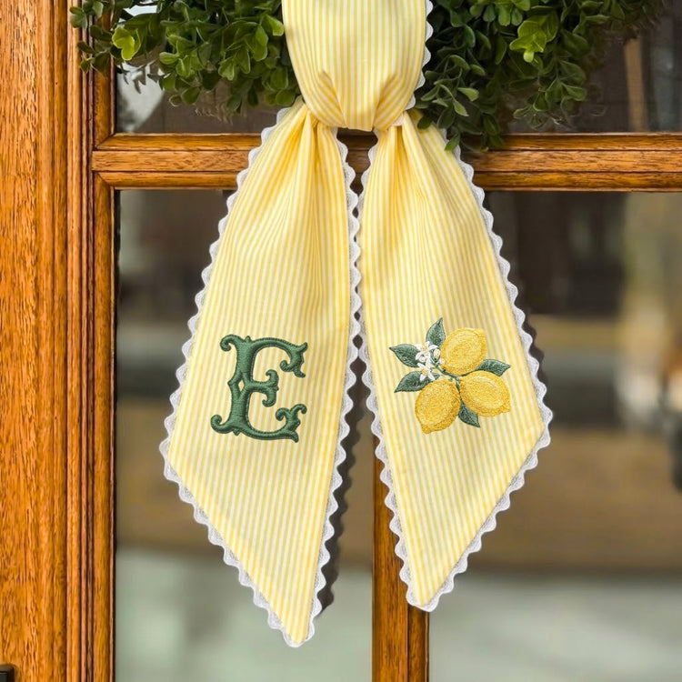 Monogram Wreath Sash Bow for Front Door, Personalized Initial Name, Lemon Monogramed Embroidered Ribbon with Adjustable Bow Knot Farmhouse Door Wreath Decor, Gift for Family Friends
