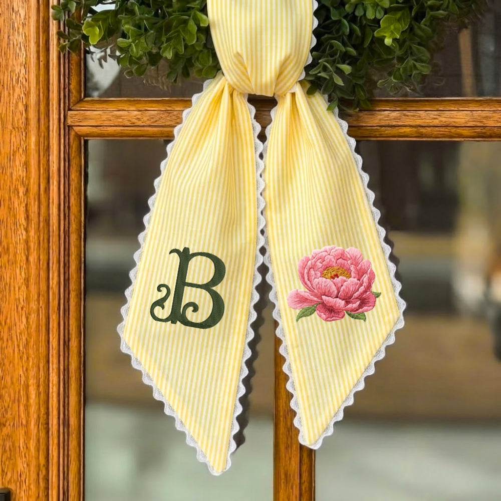 Peony Wreath Sash for Front Door, Flowers Wreath Sash 54x5 Inch, Personalized Initial Monogram Sash, Peony Front Door Decor, Embroidered Bow Wreath Sashes