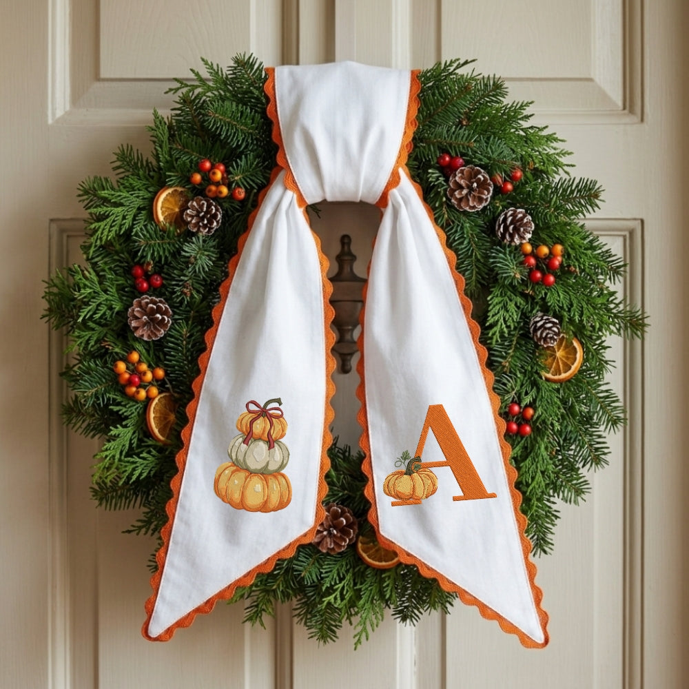 Fall Wreath Sash Bow, Personalized Initial Wreath Sashes 54x5 in, Autumn Wreath Ribbon for Front Door, Monogram Garland Accessories, Farmhouse Door Wreath Decor, Pumpkins Monogram Embroidered Sash