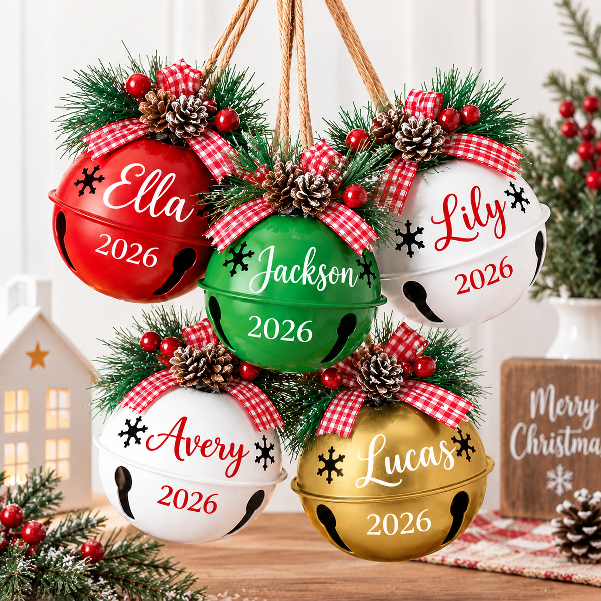 Personalized Jingle Bell Christmas Ornament with Name, Optional Year & Pinecone Bow