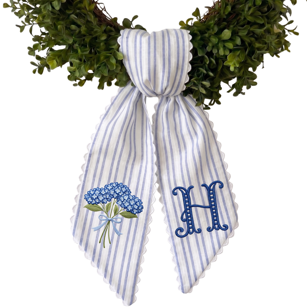 Personalized Hydrangea Wreath Sash 54x5, Embroidered Hydrangea Wreath Sash Bow, Monogram Door Decor, Spring Toile Front Door Bow, Embroidered Holiday Sash
