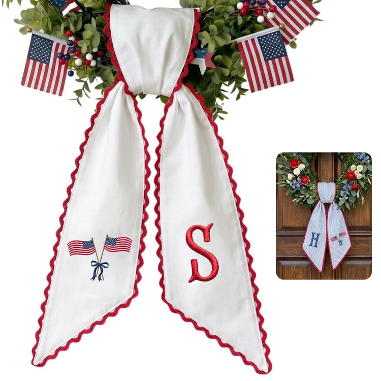 US Flag With Bow Patriotic Wreath Sash 54x5 Inch, Wreath Sash for Front Door, Personalized Embroidered Monogram Sash, Independence Day Front Door Decor, America Flag with Bow Wreath Sashes