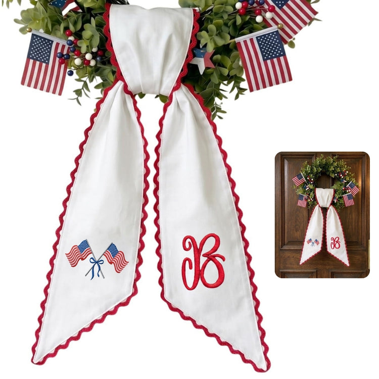Patriotic Wreath Sash for Front Door, 54x5 in Personalized Initial Wreath Ribbon, US Flag Door Wreath Decor Monogram Embroidered Sash for Holiday, 4th of July Wreath Sashes for Porch Deck