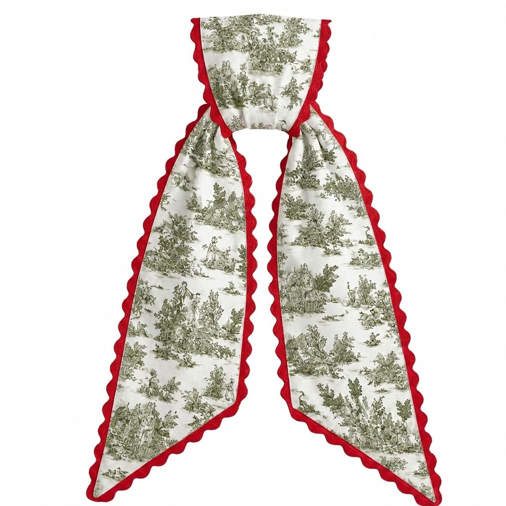 Green Toile Sash w/Red Scalloped Edge