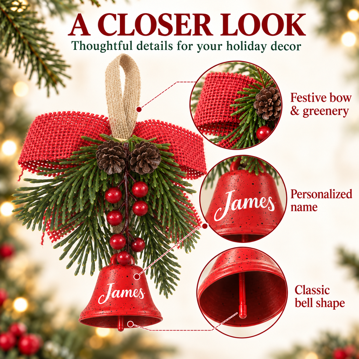Classic Christmas hanging bell with red bow, greenery, berries and pinecones