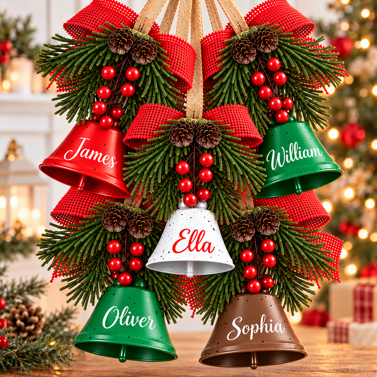 Personalized Christmas hanging bells with red bows and names