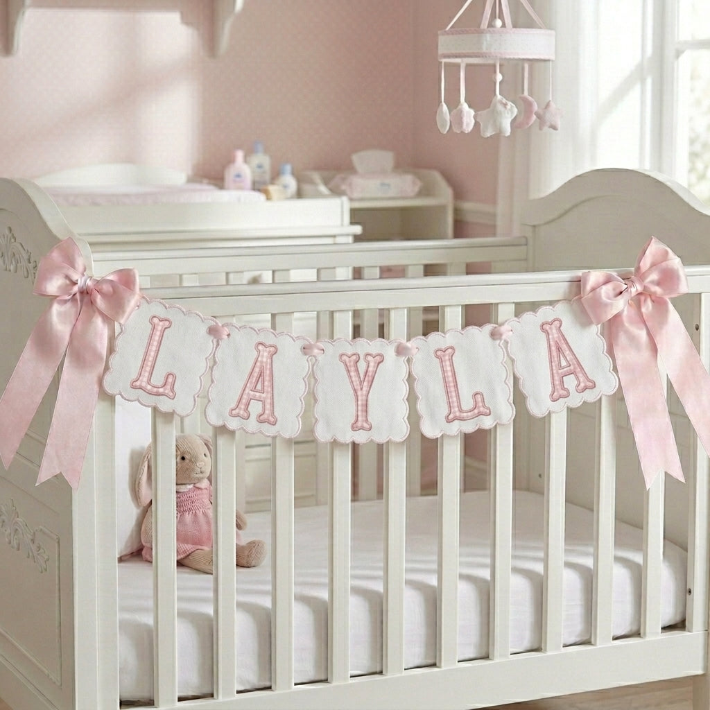 NAME09 - Pink LAYLA baby name banner with gingham initials and ribbon bows
