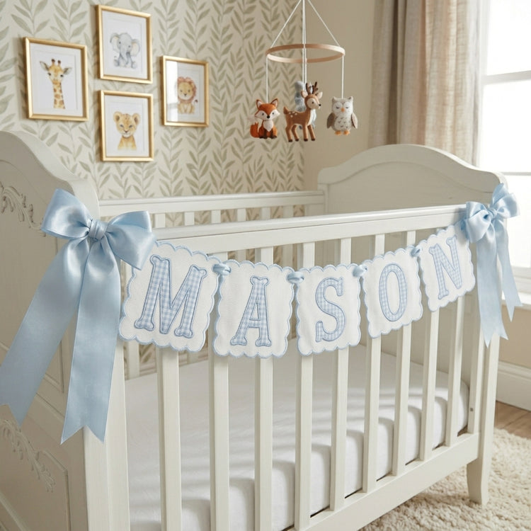NAME09 - Blue MASON baby name banner with gingham initials and ribbon bows