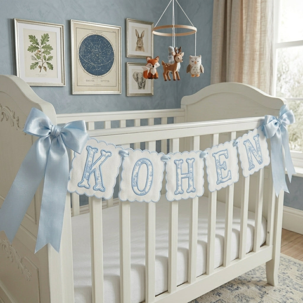 NAME10 - Blue KO HEN embroidered name banner with patterned initials and bows
