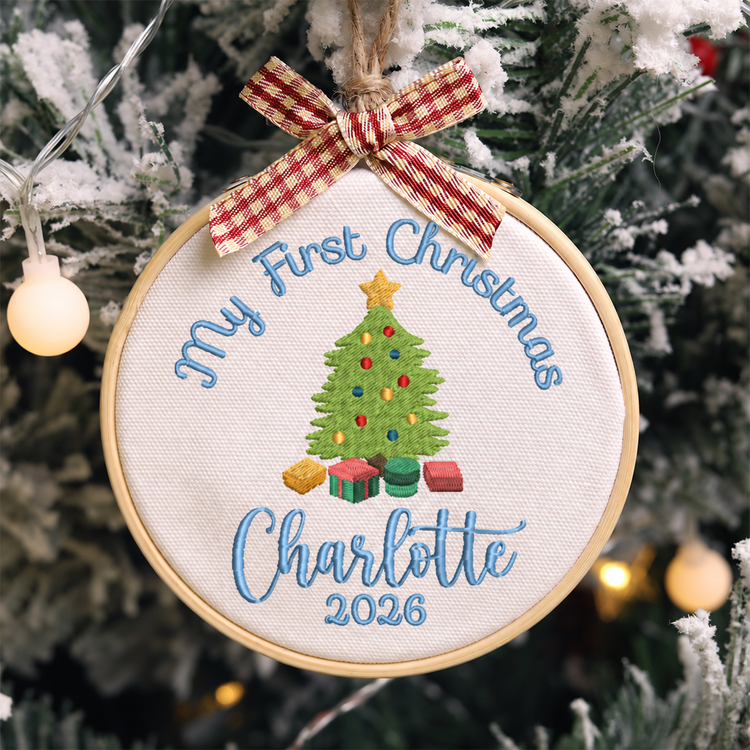 Personalized Embroidered Baby's First Christmas Ornament 2026 - Christmas Tree and Gifts - Blue Lettering - Image 1