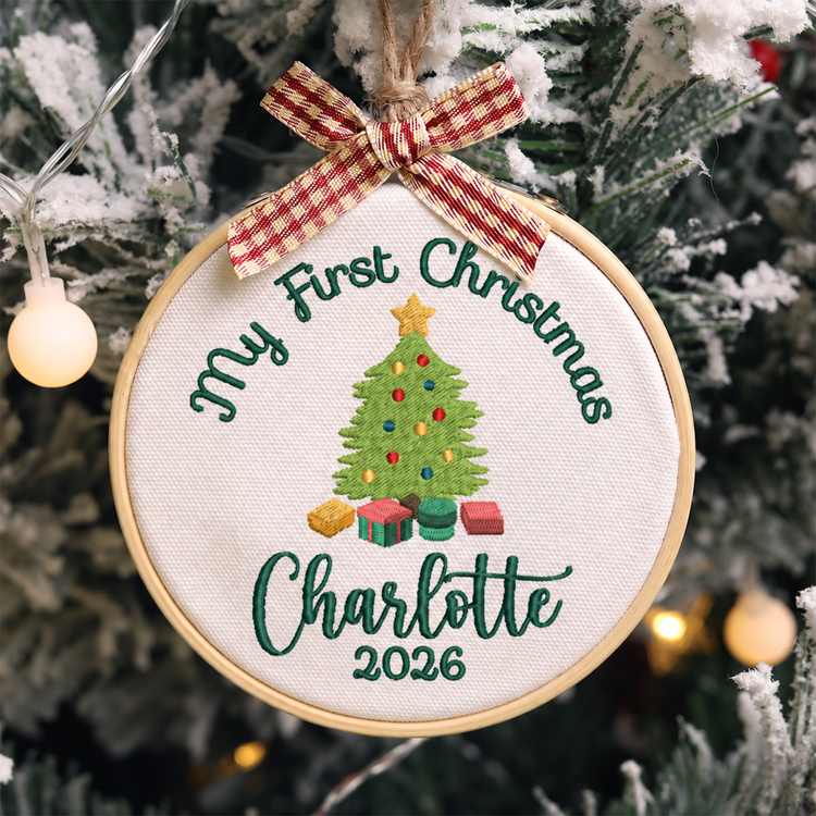 Personalized Embroidered Baby's First Christmas Ornament 2026 - Christmas Tree and Gifts - Green Lettering - Image 1