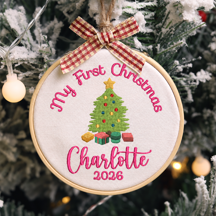 Personalized Embroidered Baby's First Christmas Ornament 2026 - Christmas Tree and Gifts - Pink Lettering - Image 1
