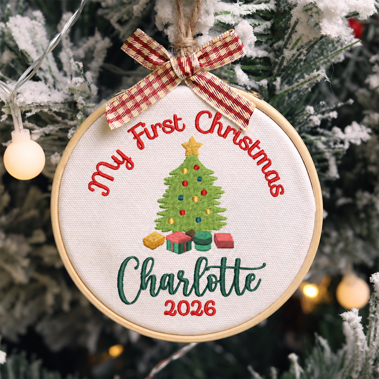 Personalized Embroidered Baby's First Christmas Ornament 2026 - Christmas Tree and Gifts - Red and Green Lettering - Image 1