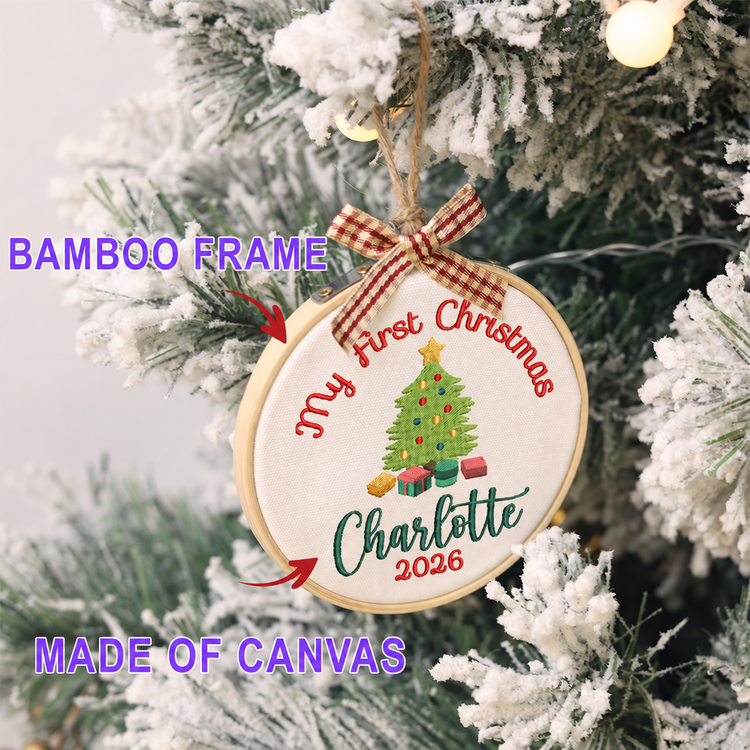 Personalized Embroidered Baby's First Christmas Ornament 2026 - Christmas Tree and Gifts - Red and Green Lettering - Image 2