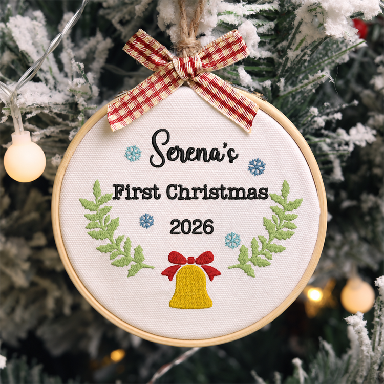 Personalized Embroidered Baby's First Christmas Ornament 2026 - Christmas Bell and Snowflakes - Image 1