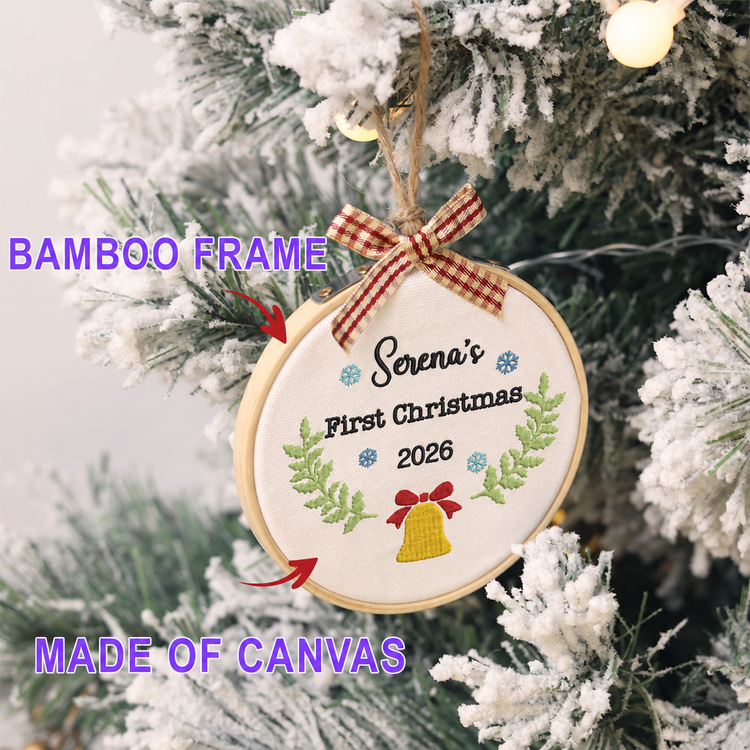 Personalized Embroidered Baby's First Christmas Ornament 2026 - Christmas Bell and Snowflakes - Image 2