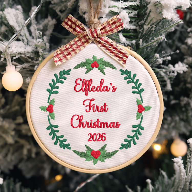 Personalized Embroidered Baby's First Christmas Ornament 2026 - Holly Wreath - Image 1