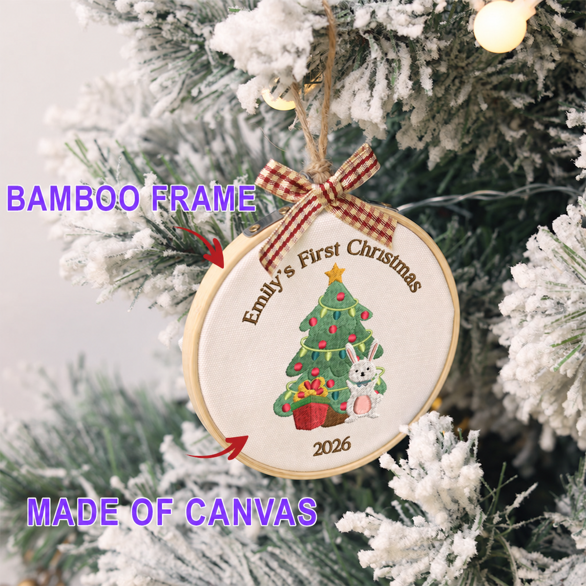 Personalized Embroidered Baby's First Christmas Ornament 2026 - Christmas Tree and Bunny - Image 3
