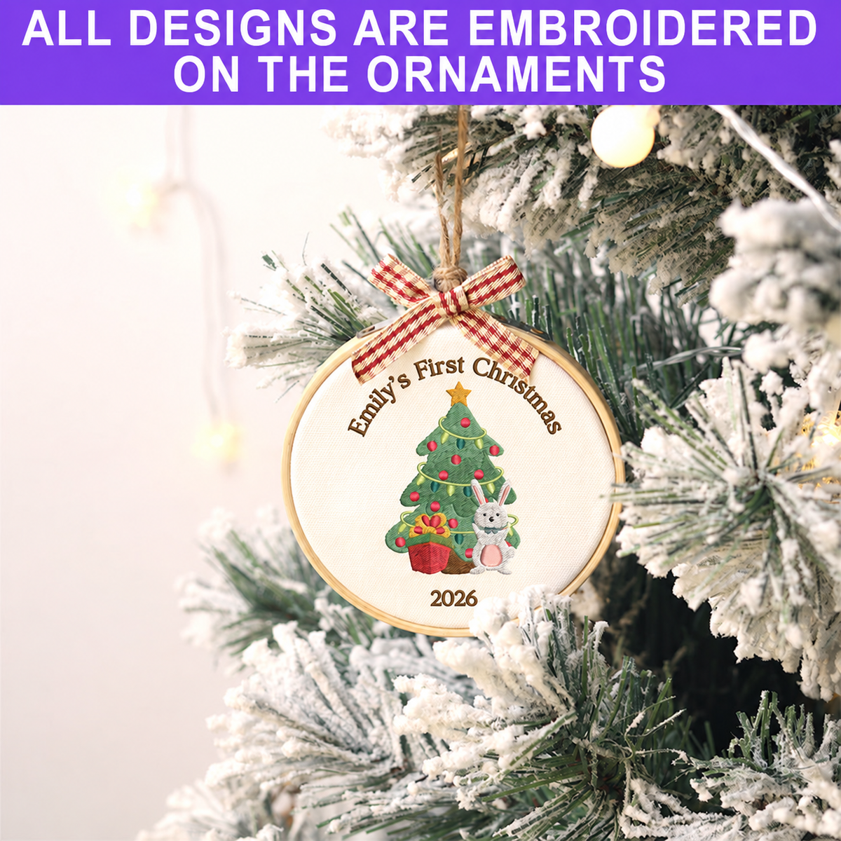Personalized Embroidered Baby's First Christmas Ornament 2026 - Christmas Tree and Bunny - Image 4