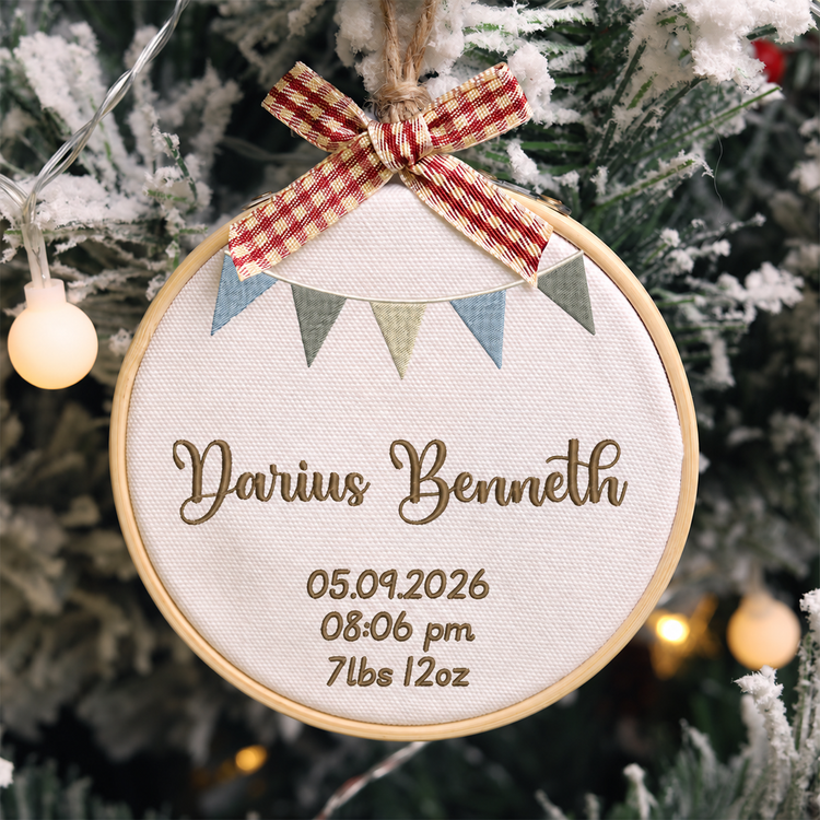 Personalized Embroidered Baby Birth Stats Ornament 2026 - Blue Bunting - Image 1