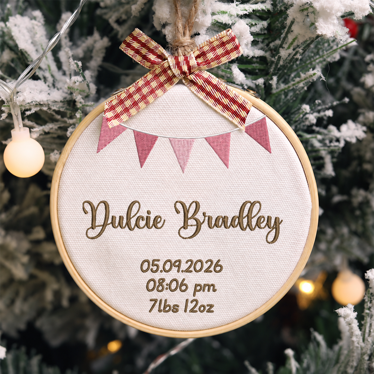 Personalized Embroidered Baby Birth Stats Ornament 2026 - Pink Bunting - Image 1