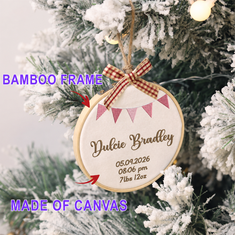 Personalized Embroidered Baby Birth Stats Ornament 2026 - Pink Bunting - Image 2
