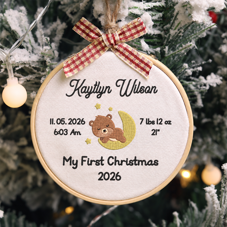 Personalized Embroidered Baby's First Christmas & Birth Stats Ornament 2026 - Sleeping Bear on the Moon - Image 1