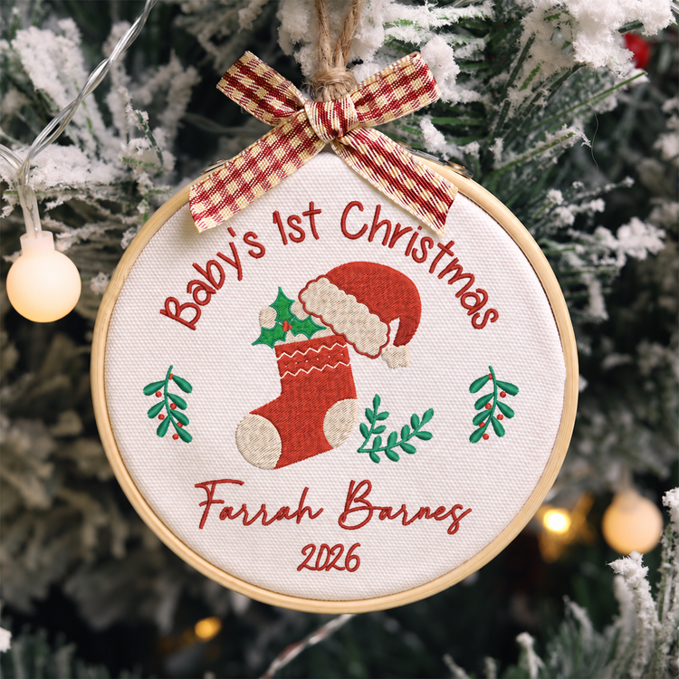Personalized Embroidered Baby's First Christmas Ornament 2026 - Christmas Stocking and Santa Hat - Image 1
