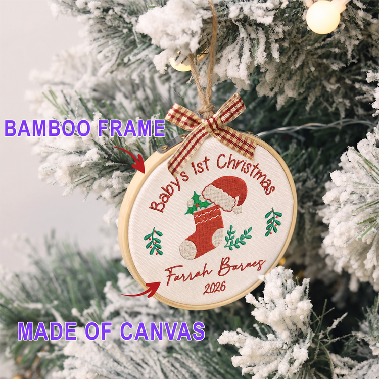 Personalized Embroidered Baby's First Christmas Ornament 2026 - Christmas Stocking and Santa Hat - Image 2