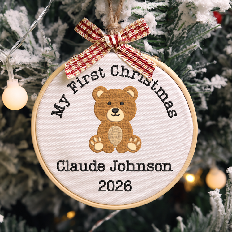 Personalized Embroidered Baby's First Christmas Ornament 2026 - Teddy Bear - Image 1