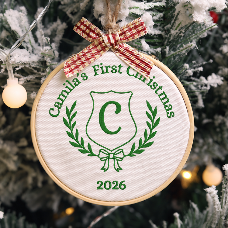 Personalized Embroidered Baby's First Christmas Ornament 2026 - Monogram Crest - Green - Image 1