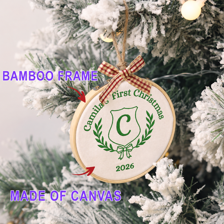 Personalized Embroidered Baby's First Christmas Ornament 2026 - Monogram Crest - Green - Image 2