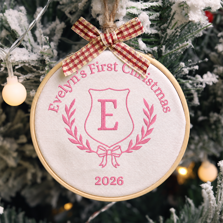 Personalized Embroidered Baby's First Christmas Ornament 2026 - Monogram Crest - Pink - Image 1