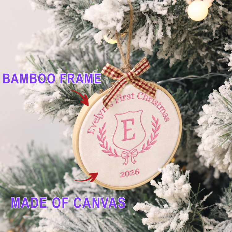 Personalized Embroidered Baby's First Christmas Ornament 2026 - Monogram Crest - Pink - Image 2