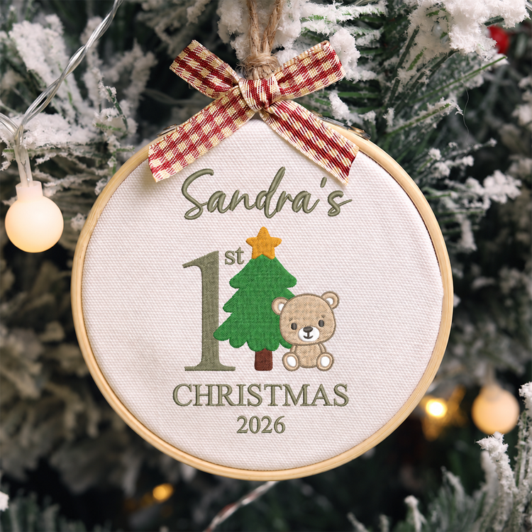 Personalized Embroidered Baby's First Christmas Ornament 2026 - Number One, Teddy Bear and Christmas Tree - Image 1