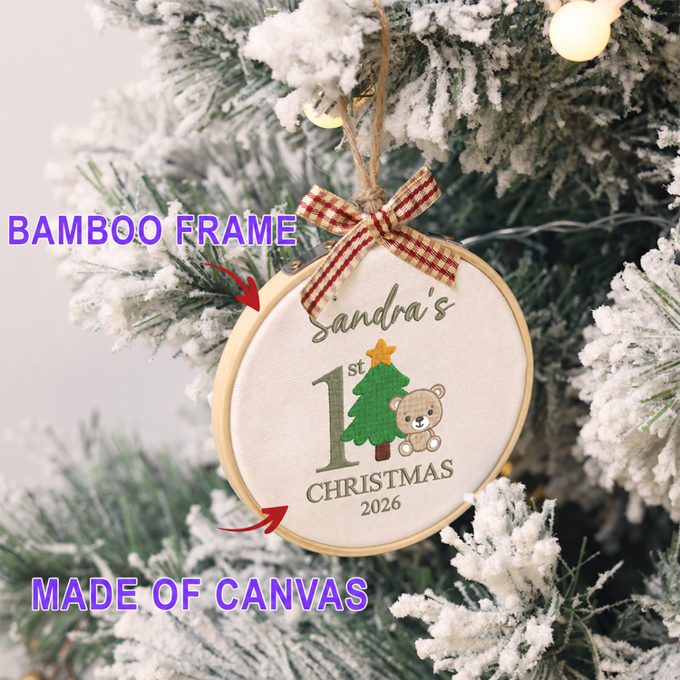 Personalized Embroidered Baby's First Christmas Ornament 2026 - Number One, Teddy Bear and Christmas Tree - Image 2