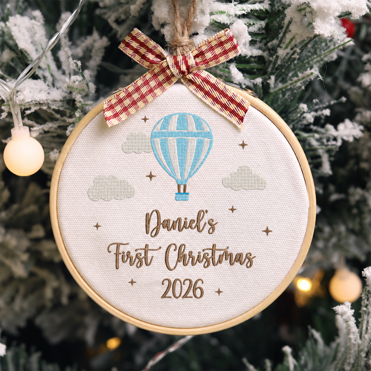 Personalized Embroidered Baby's First Christmas Ornament 2026 - Hot Air Balloon - Blue - Image 1